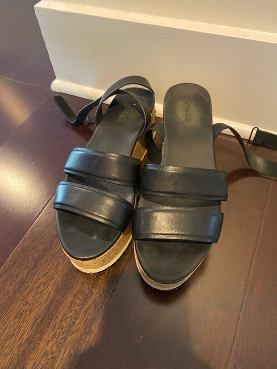 Vince Shoes - Vince Black Leather Platform Cork-Trim Sandals
